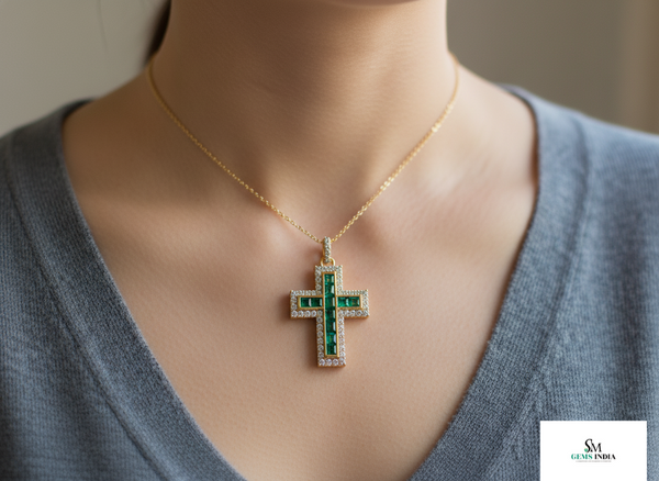2.65 carat Square Shape Natural Emerald and Diamond Cross Pendant Necklace in 14K Gold