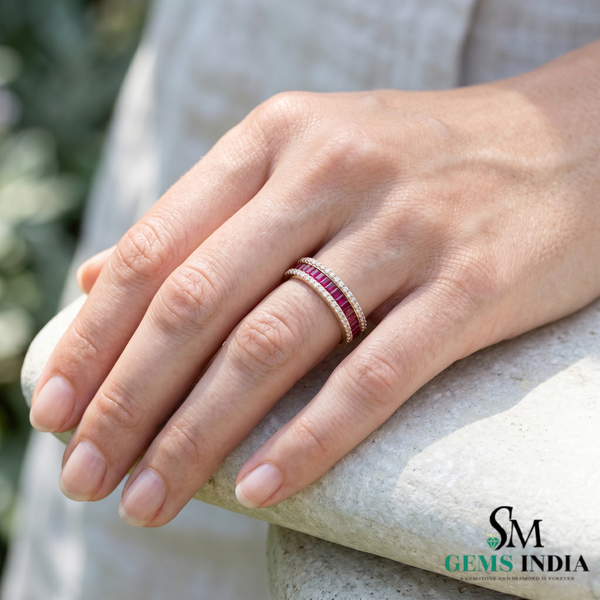 Baguette Cut Ruby Diamond Band Ring - Anniversary Ring For her