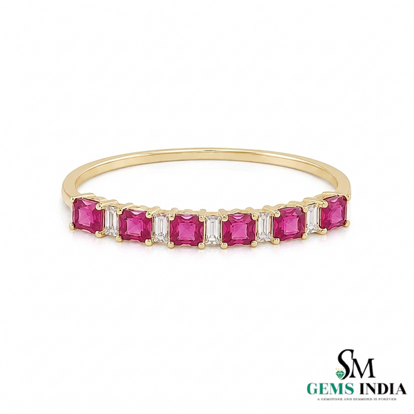 Princess Cut Ruby Ring with Baguette Diamonds - Minimalist Fine Jewelry
