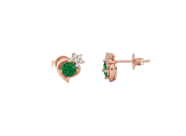 Classic Round Natural Emerald & Diamond Floral Stud Earrings in 18K Gold