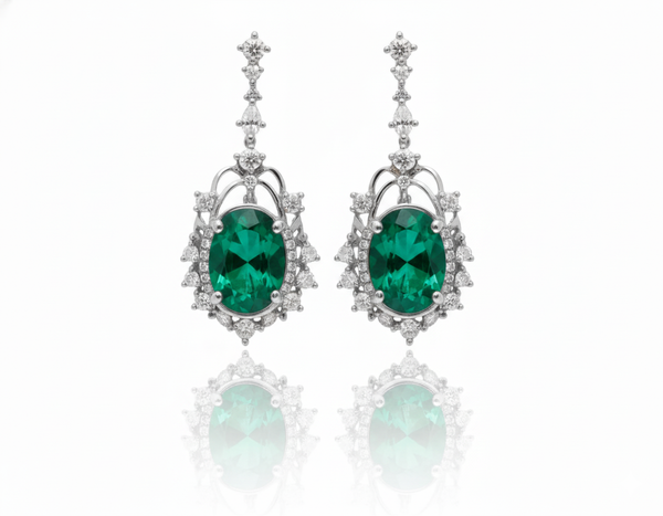 5.50 carat Oval Natural Emerald and Diamond Dangle Earrings in 14K Gold Green Gemstone Jewelry