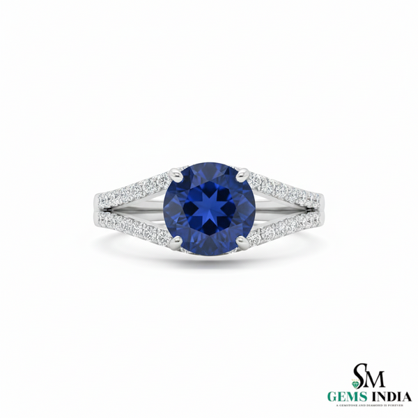 Round Blue Sapphire Diamond Split Shank Ring in 18k Gold