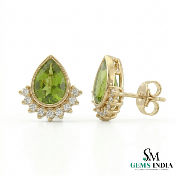 Pear Cut Peridot Stud Earrings with Diamond Halo - Elegant Gold Jewelry