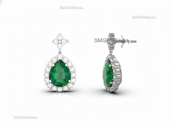 2.30 Carat Pear-Shaped Natural Emerald and Diamond Halo Drop Earrings in 18k Gold