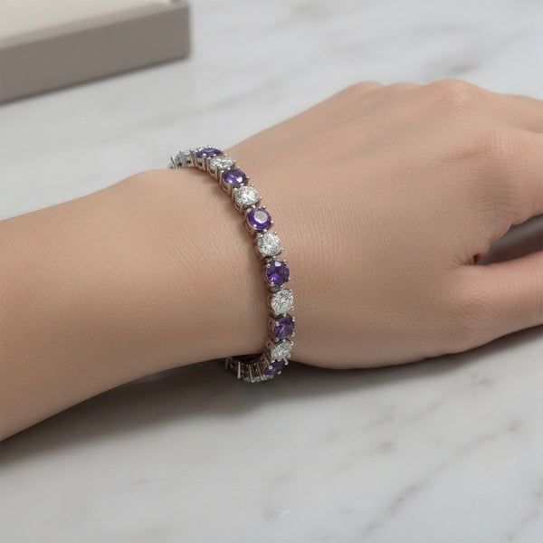 Round Natural Amethyst Diamond Bracelet for Women - Fine Gold Jewelry