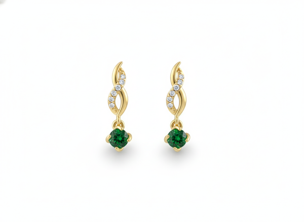 1.80 carat Gold Swirl Diamond Earrings with Round Natural Emerald Drops Gift for her