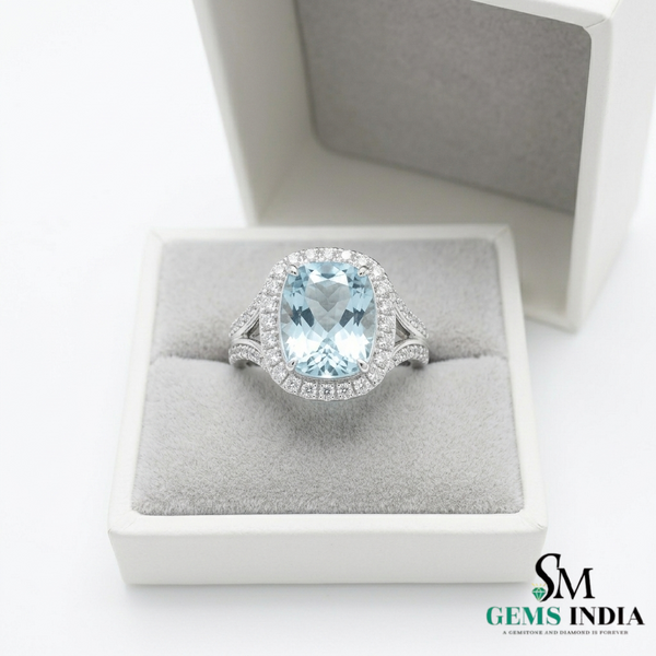 Cushion Aquamarine Engagement Ring with Diamond Halo Split Shank