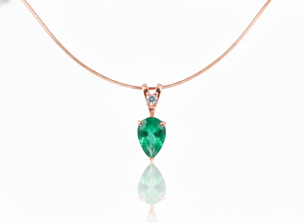 1.90 carat Natural Teardrop Emerald Pendant Necklace in 14k Gold with Diamond Accent