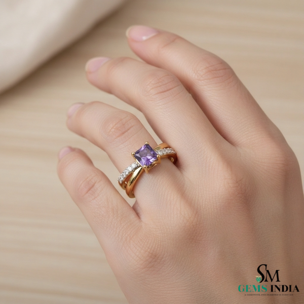 Elegant Princess Cut Amethyst Diamond Ring in 14k and 18k Gold Fine Gold Jewelry