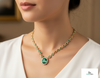 Oval Natural Emerald and Diamond Halo Necklace in 14K Gold Vintage Luxury Jewelry for Her