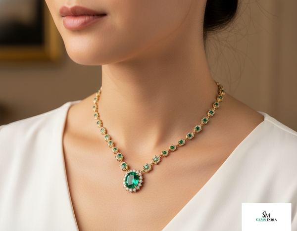 Oval Natural Emerald and Diamond Halo Necklace in 14K Gold Vintage Luxury Jewelry for Her