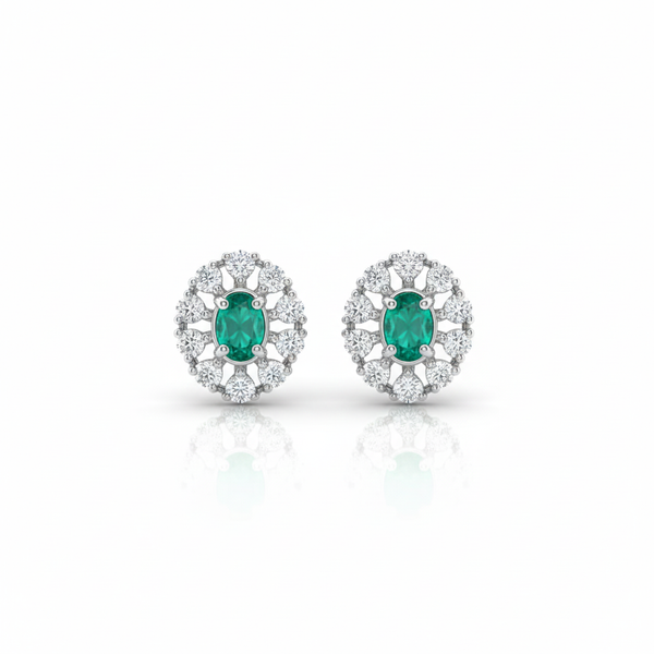 Oval Natural Emerald Stud Earrings 14k Gold Diamond Halo Earrings