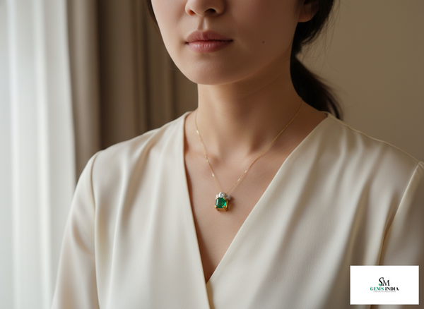 Natural Emerald Cut Square Green Gemstone Pendant with Diamond Accent