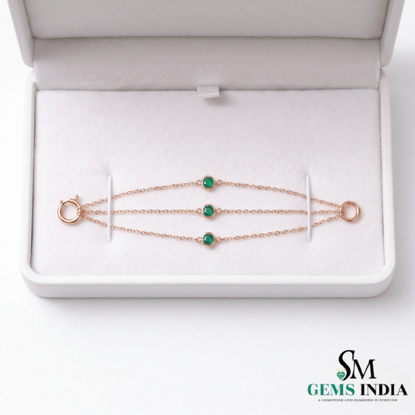 Fine Emerald Bezel Set Bracelet in 14K Gold – Elegant Triple Chain Station Bracelet for Women