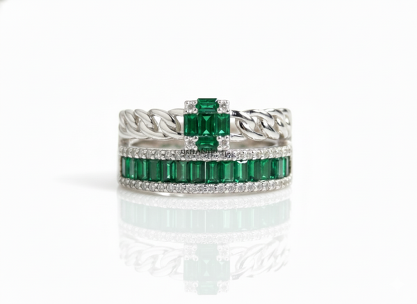 0.90 carat Natural Emerald Baguettes And Diamond Double chain Band Engagement Ring