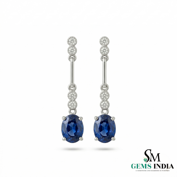 Oval Tanzanite Drop Earrings with Diamond Bar - Gift for her