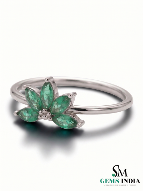 Natural Marquise Cut Emerald Cluster Ring in Solid 14K Gold – Elegant Floral Fine Jewelry Ring