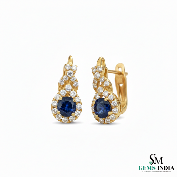 Round Blue Sapphire & Diamond Cluster Stud Earrings in 18k Gold – Vintage Halo Style (Copy)