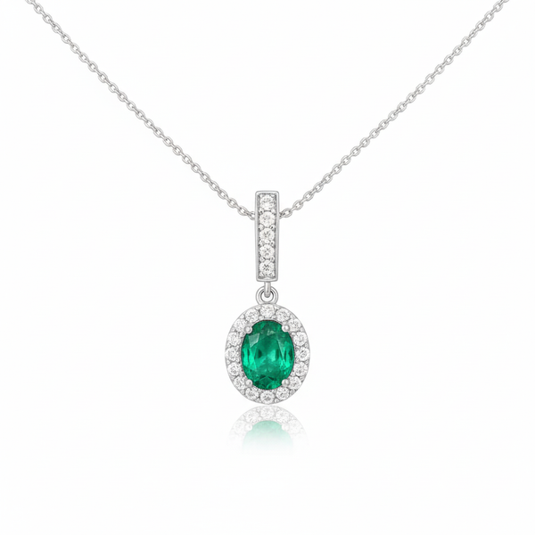 2 carat Oval cut 14K Gold Natural Emerald Halo Pendant with Dainty Diamond Accents