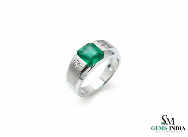 Men's Emerald and Diamond Wedding Band Ring, 18k Gold, May Birthstone