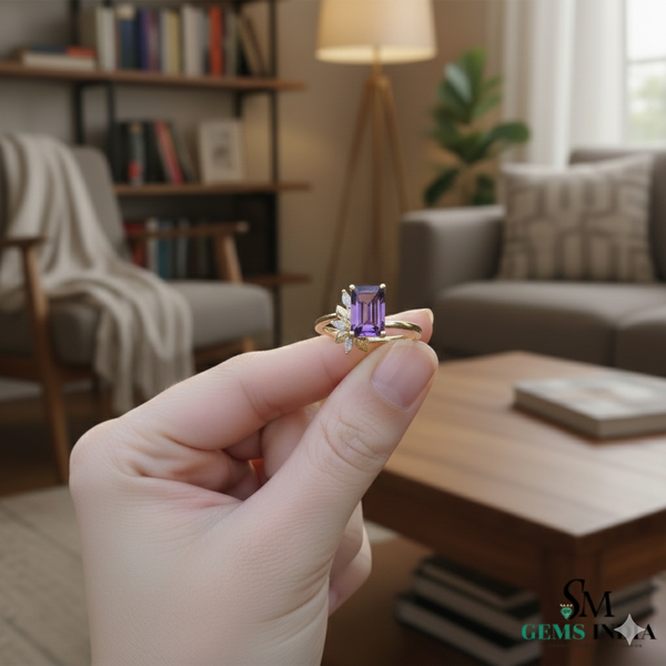 Doppelter Smaragd-Ring in offenem Design aus 14 Karat Gold – Band mit quadratisch und rund geschliffenen grünen Edelsteinen