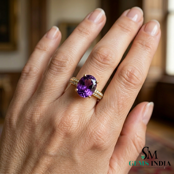 Oval Amethyst Engagement Ring in 14K Gold with Diamond Band