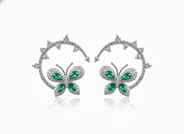 1.80 carat 14k Gold Marquise Emerald Butterfly Huggie Earrings Natural Emerald & Diamond