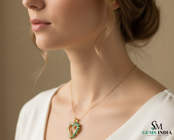 Green Emerald and White Diamond Open Heart Gold Pendant &\- Two Tone Pendant