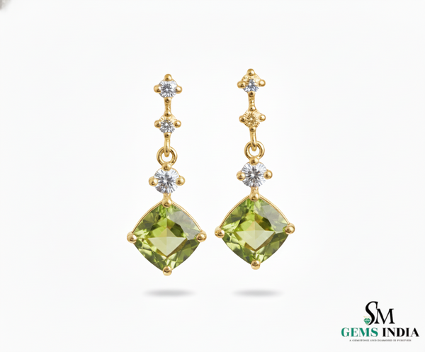 Cushion Cut Natural Peridot Diamond Dangle Earrings