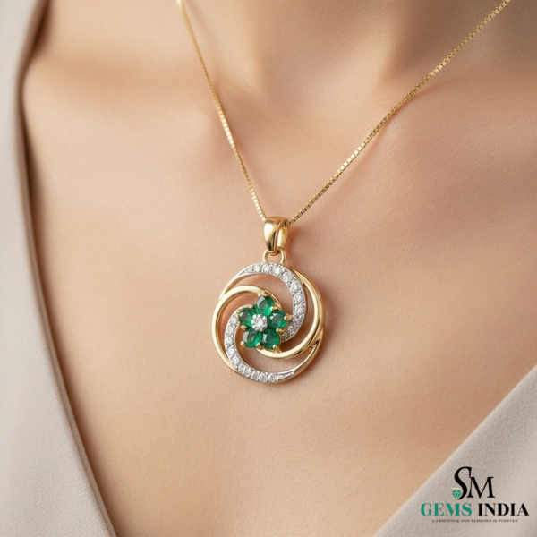 Natural Emerald Floral Swirl Pendant in Gold – Diamond Accent Pendant