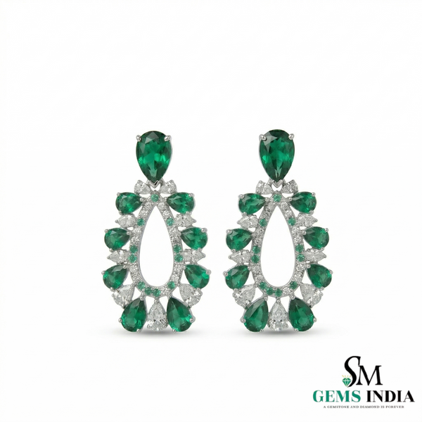 Pear Shape Emerald &; Diamond Drop Earrings in 18k Gold – Statement Jewelry
