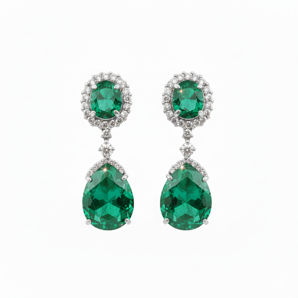 Natural Emerald Diamond Dangle Earrings: 18K Gold Pear Oval Green Gemstone Jewelry