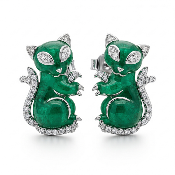 Mouse Style Natural Emerald And Diamond Carving Animal Stud Earrings For Women