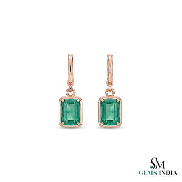 Emerald Cut Natural Emerald 14k Gold Dangle Earrings Diamond Halo Women Earring