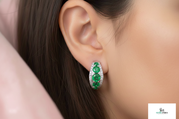 14k Solid Gold Emerald and Diamond Hoop Earrings: May Birthstone Gift