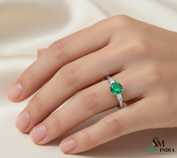 Round Cut Green Emerald Ring with Side Baguette Diamonds – Minimalist Fine Jewelry