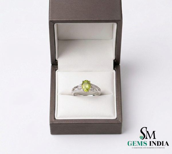 Elegant Oval Green Peridot Ring with Diamond Side Cluster