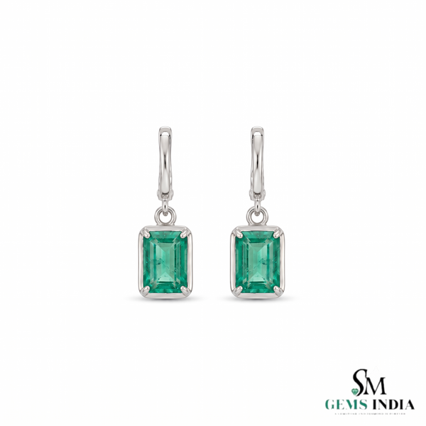 Emerald Cut Natural Emerald 14k Gold Dangle Earrings Diamond Halo Women Earring