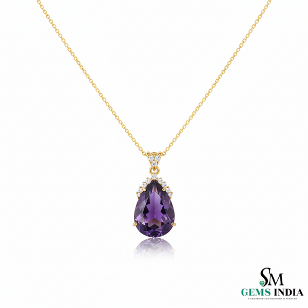 Luxury Pear Cut Amethyst Pendant with Diamond Halo in 18k gold