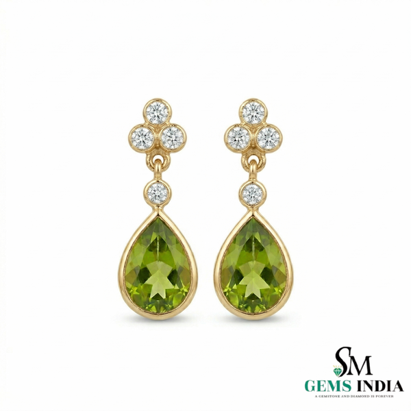 Green Peridot Teardrop Dangle Earrings with Diamond Accents - Fine Jewelry Gift for Her