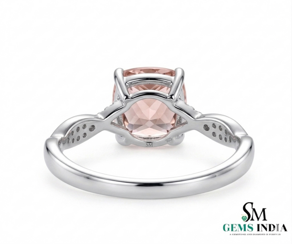 Cushion Cut Peach Morganite Ring with Twisted Diamond Band
