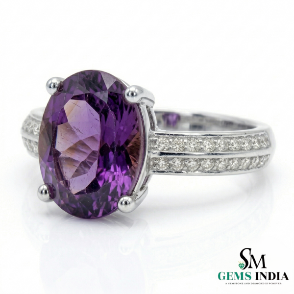 Oval Amethyst Engagement Ring in 14K Gold with Diamond Band
