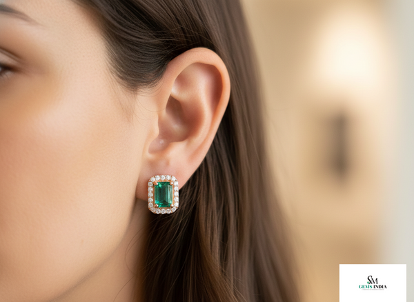 1.90 carat Emerald-Cut Green Emerald Stud Earrings Diamond Halo Design