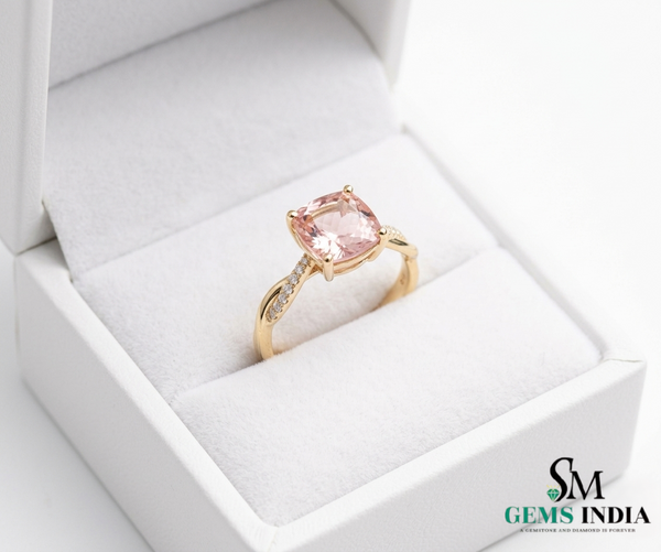 Cushion Cut Peach Morganite Ring with Twisted Diamond Band
