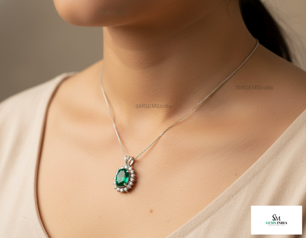 Vintage style 2.30 carat Oval shape Natural Emerald and Diamond Halo Pendant Necklace in 14K gold