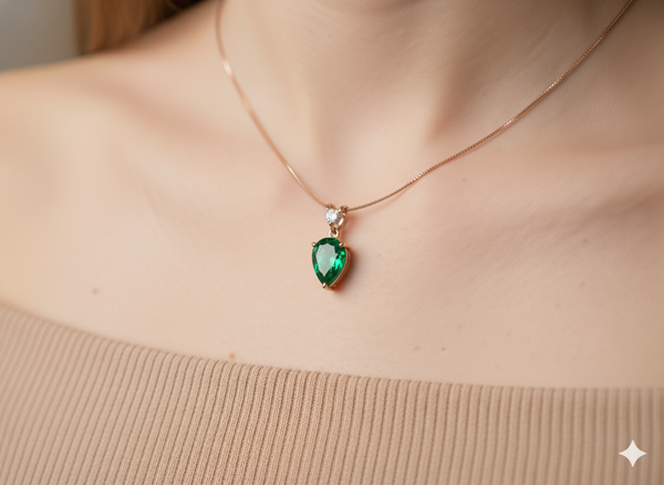 1.90 carat Natural Teardrop Emerald Pendant Necklace in 14k Gold with Diamond Accent