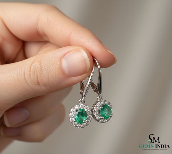 Round Emerald Halo Diamond Drop Leverback Earrings - Fine Gemstone Jewelry