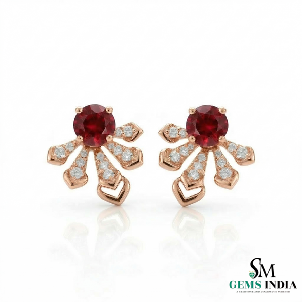 Dainty Round Ruby Flower Earrings Diamond Accent Gold Stud Earrings