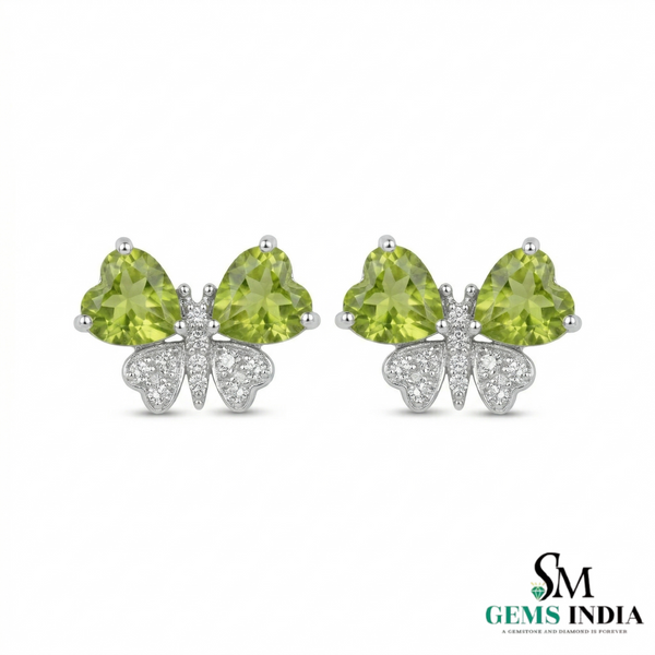Green Peridot Heart Shape Earrings with Diamond Accent – Elegant Stud Earrings