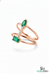 Pear & Emerald Cut Emerald Open Ring with Diamond Bar